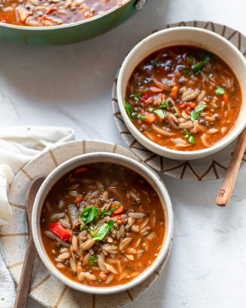 image bowl of black lentil and orzo stew