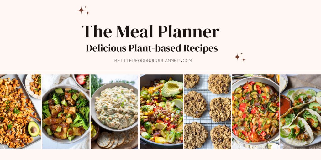 image plant-based  meal planner with photo spread of several plan-based recipes