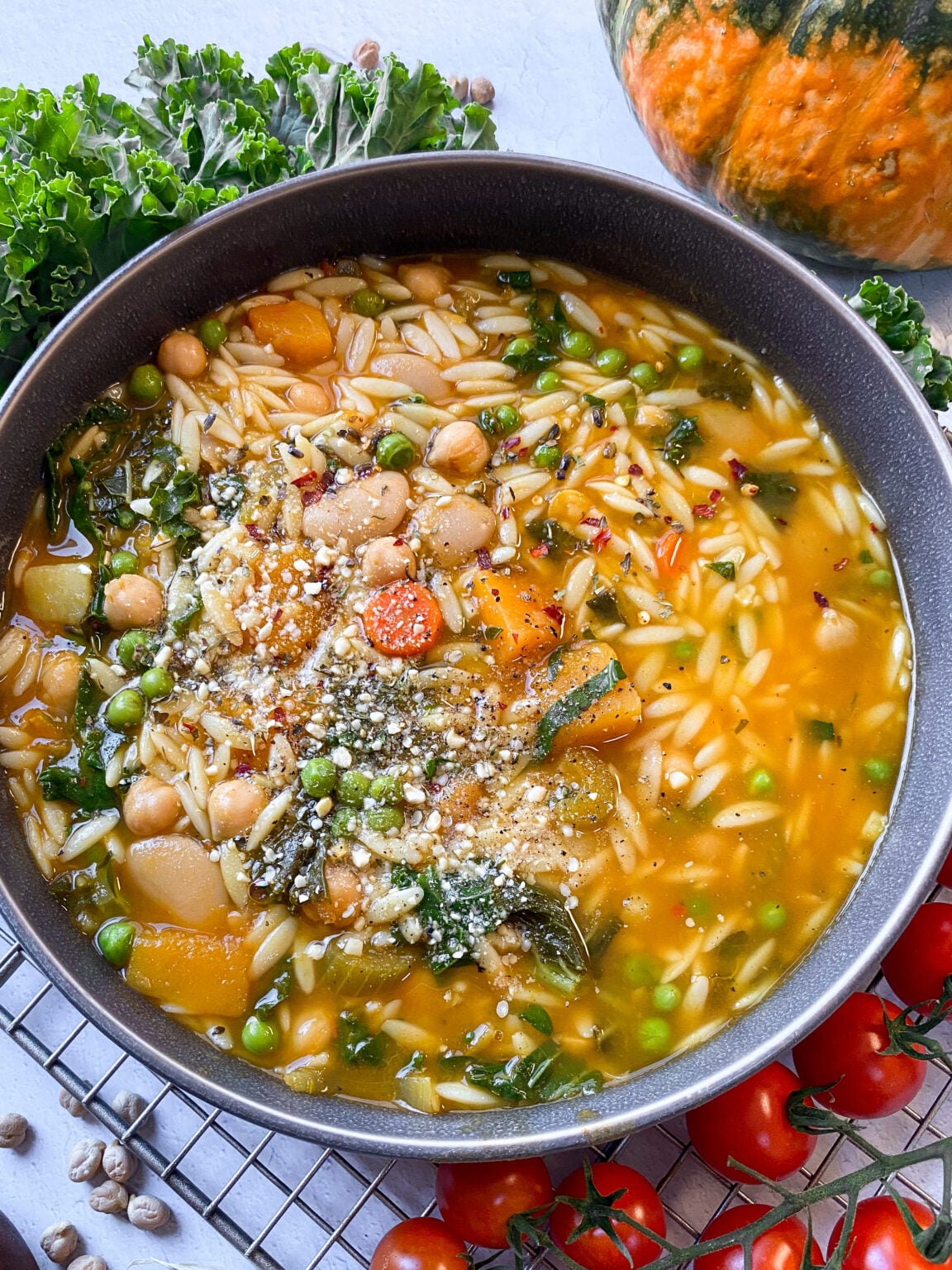 Hearty Beans and Kale Soup with Kabocha Squash and Orzo
