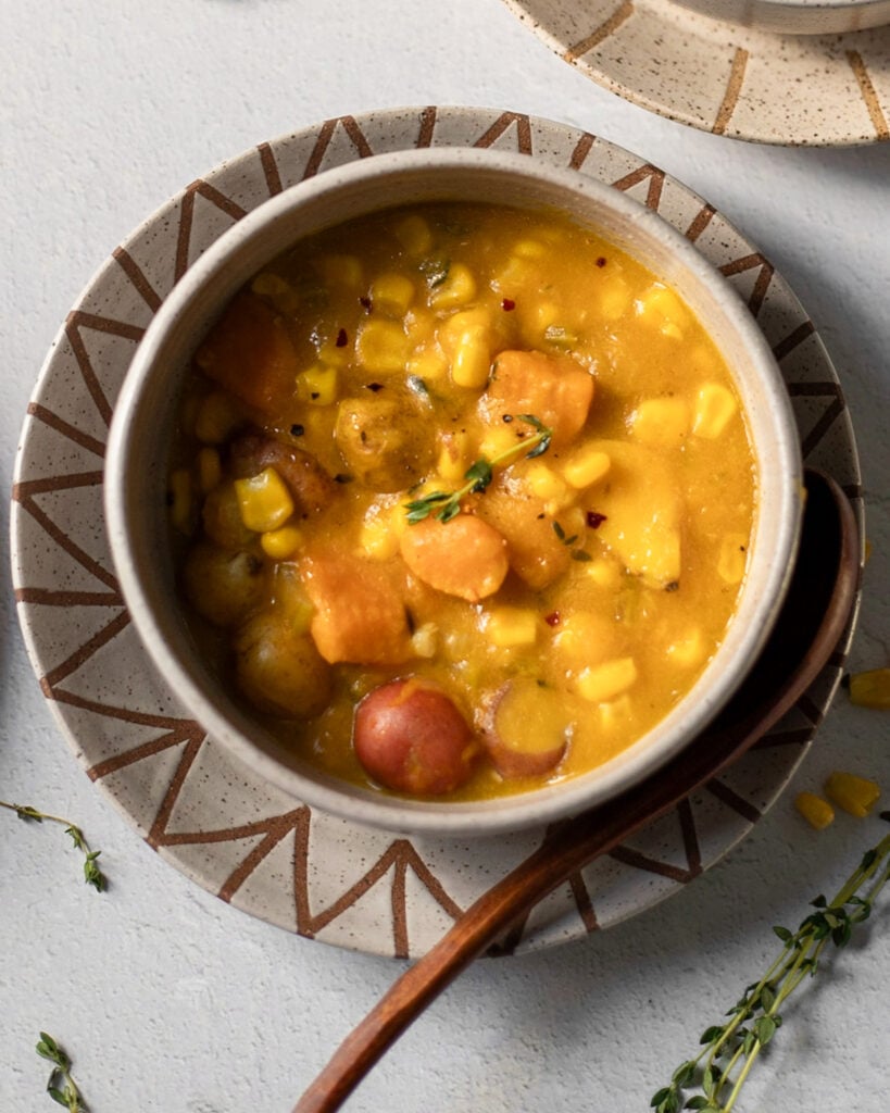 Close up view of Vegan Corn Chowder in a bowl