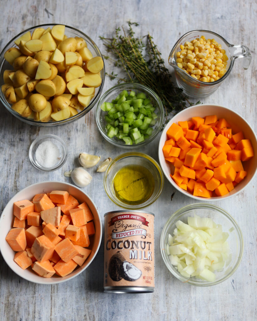 Overhead view of ingredients for Vegan Corn Chowder.