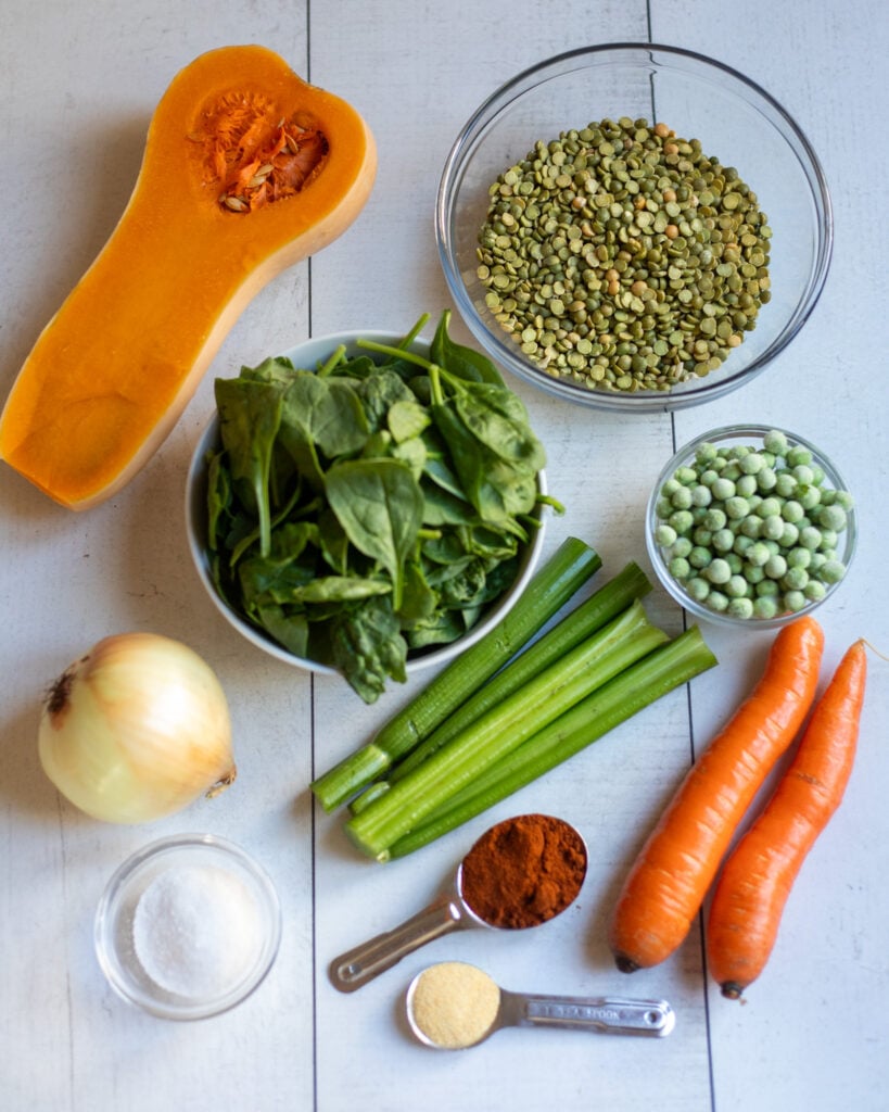 overhead view of ingredients for vegan split pea soup with extra veggies