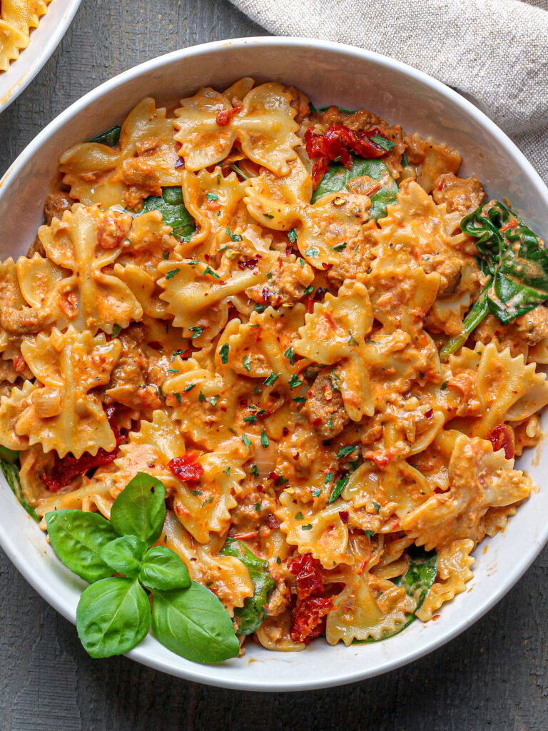 Creamy Farfalle with Spinach & Sun Dried Tomatoes