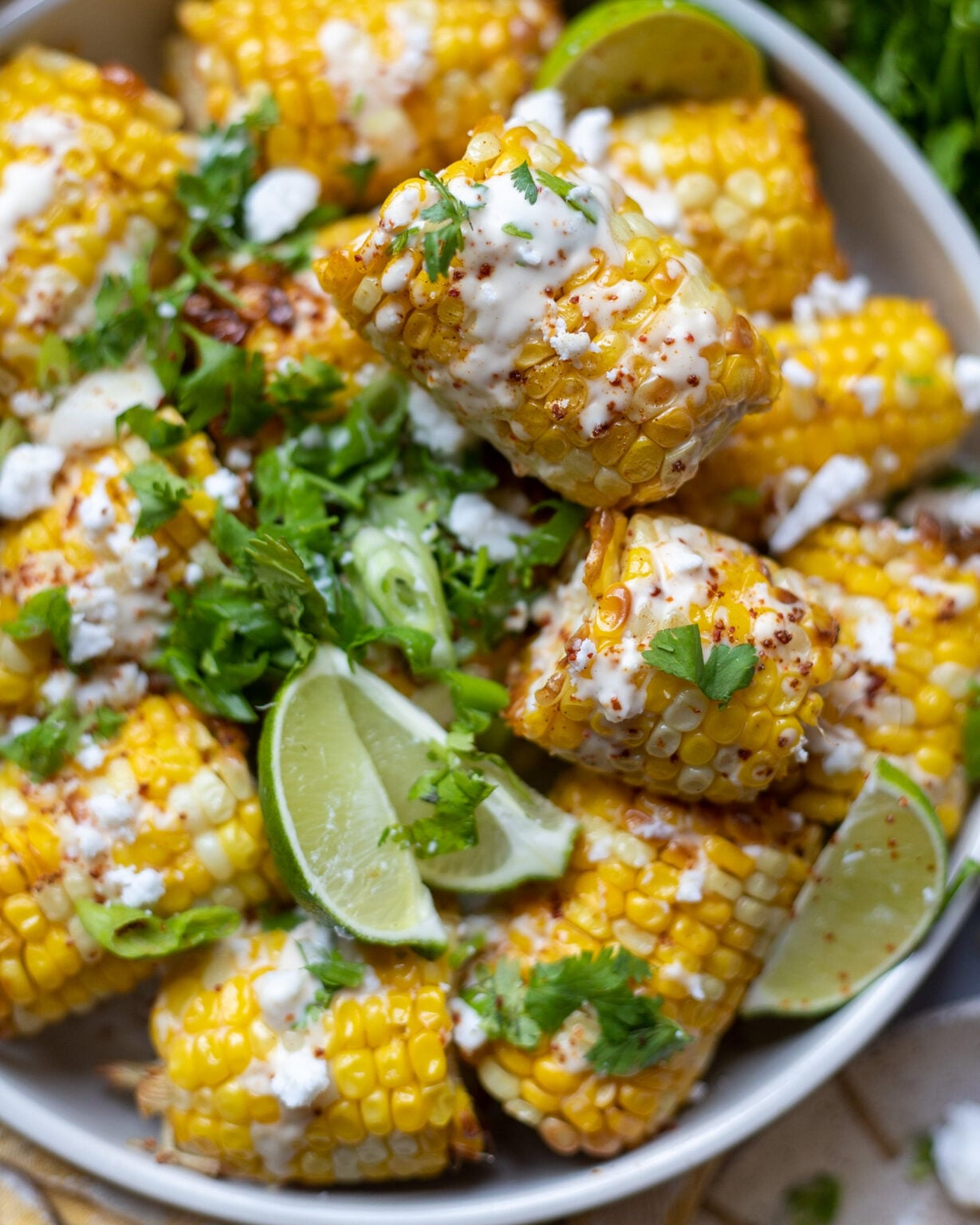 Air fryer elote corn bites crispy with chili lime cotija for fun Memorial Day BBQ snack