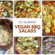 collage image of different vegan bbq salads like pasta salad, potato salad, kale salad, slaws, and more, all to take to summer BBQs.