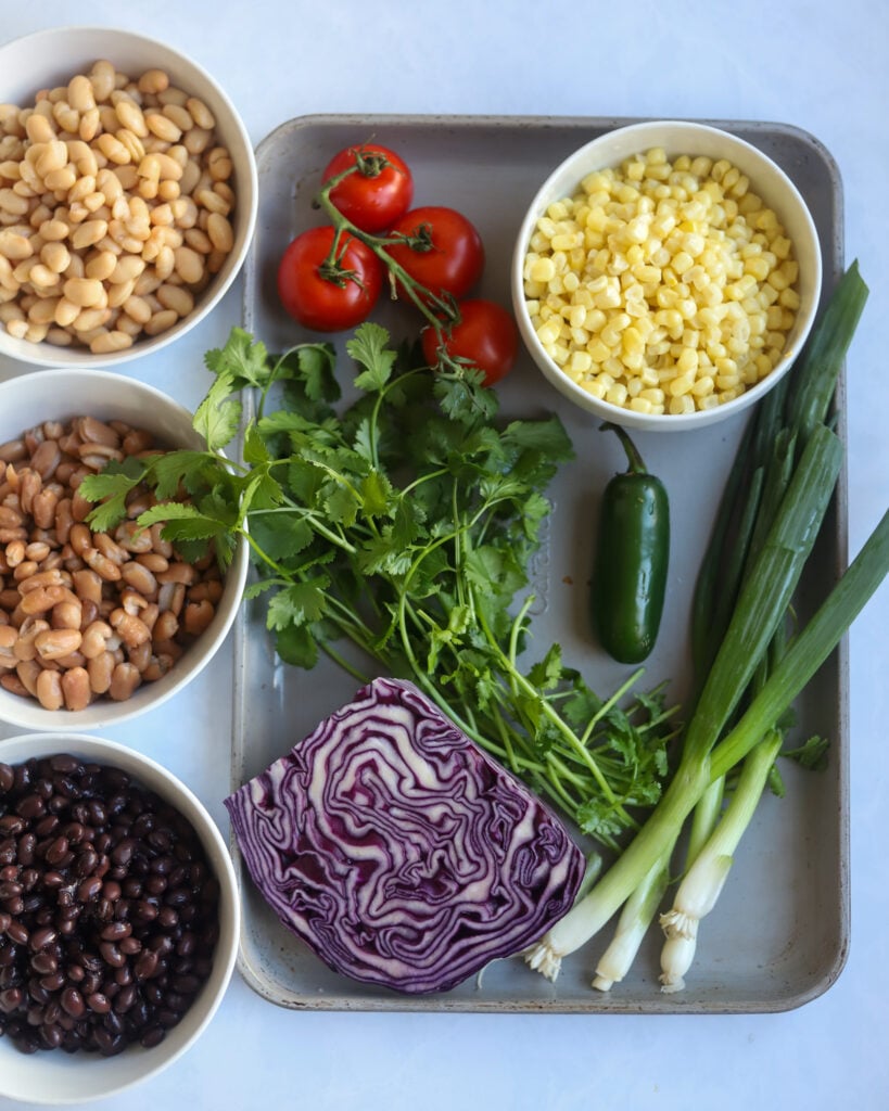Overhead view of southwest 3 bean salad ingredients including corn kernels, green onions, red cabbage 3 kinds of beans, cilantro and tomatoes with jalapeno.