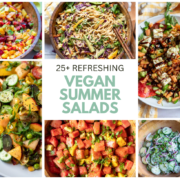 collage image of cooling vegan summer salads like cucumber salads, fruit salsa, tomato salad, and more.
