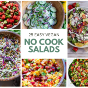 collage image of different cold vegan salad recipes that reads "no cook salads" with images of strawberry feta salad, watermelon salad, cucumber salad, street corn slaw, and more.
