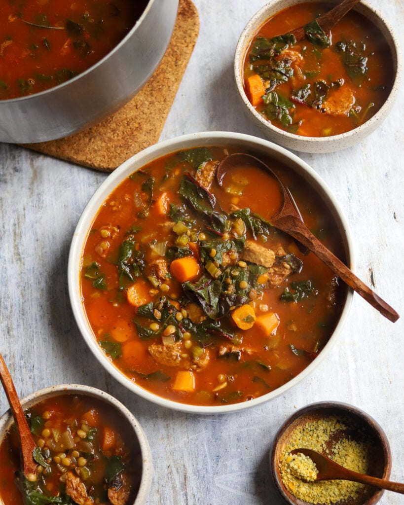 Overhead view of a bowl of Vegan Sausage and Lentil Soup