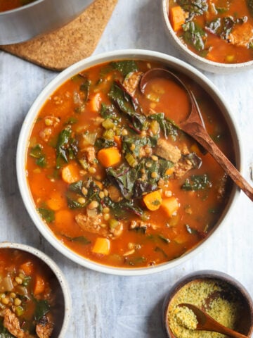 Overhead shot of a big bowl of Vegan Lentil and Sausage Soup