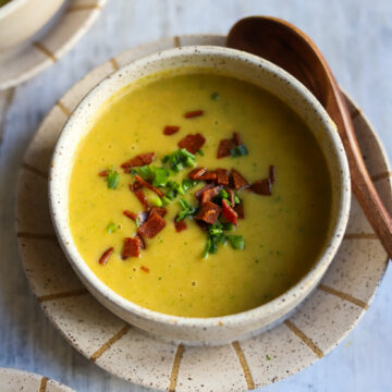 Overhead view of broccoli and cheddar soup