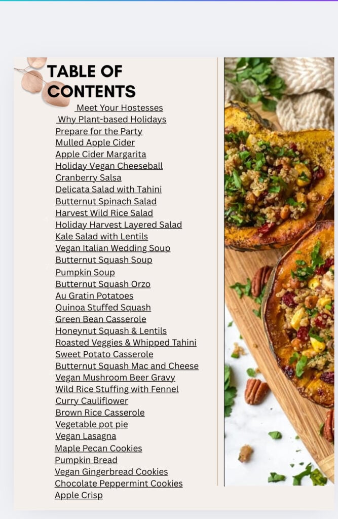 table of contents for Plant-based Holidays Recipes