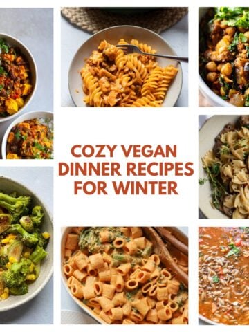 Grid with 10 pictures of cozy vegan dinner recipes for winter