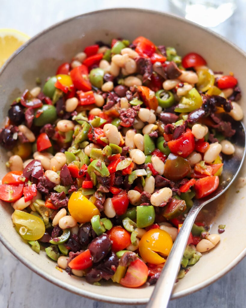 closeup view of colorful marinated olive salad