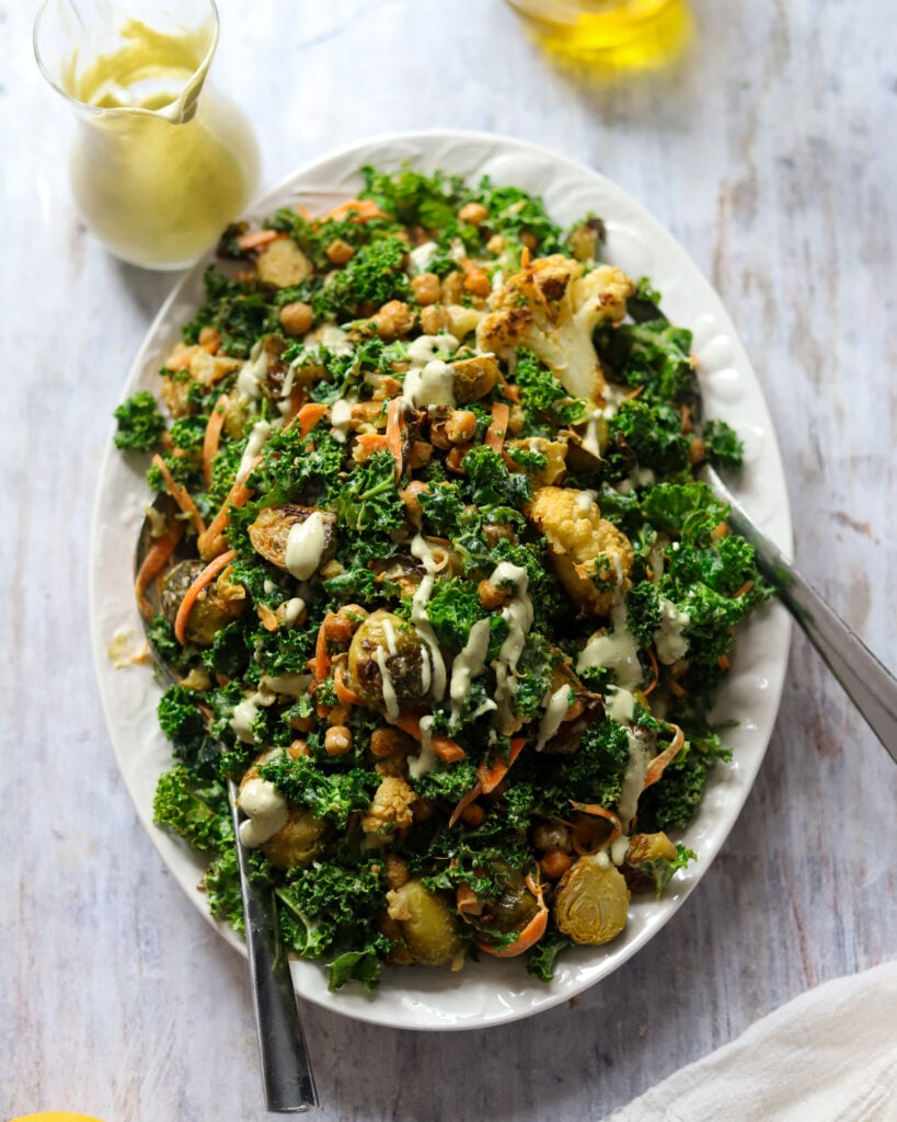 overhead view of superfood kale salad with roasted vegetables and chickpeas