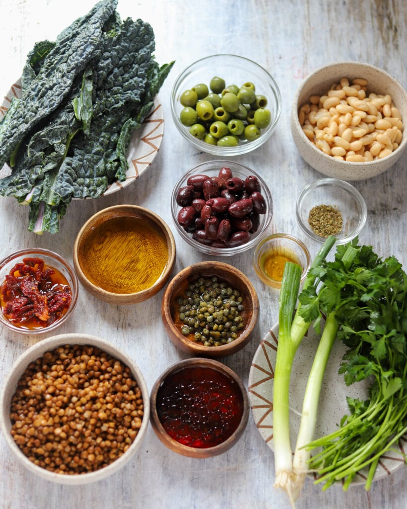 Ingredients for Puttanesca lentil bean salad laid out in a flat lay with kale, beans, lentils, olives, sun-dried tomatoes, herbs, onions, and dressing