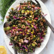 Overhead view of a big platter of kale and rice salad, there are purple bits of cabbage and radishes, chopped green olives, beans and pistachios visible.