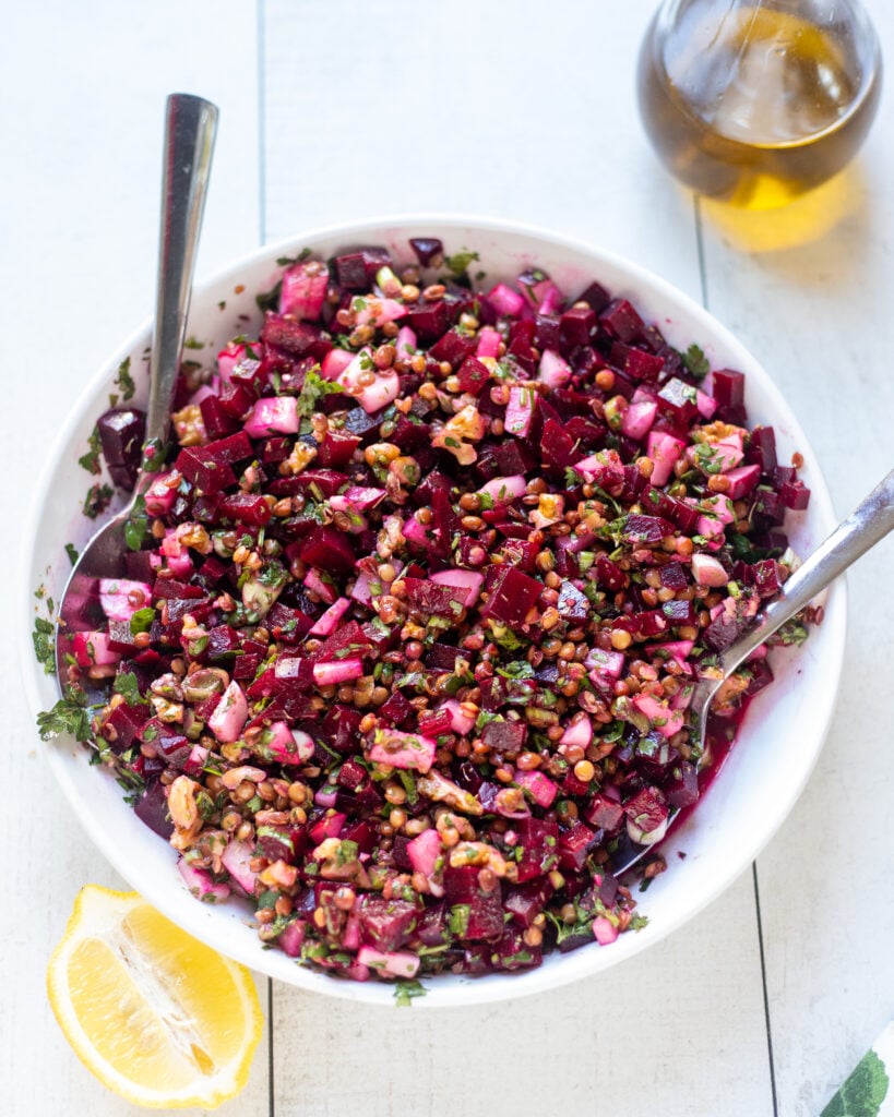 big bowl of beet and lentil salad