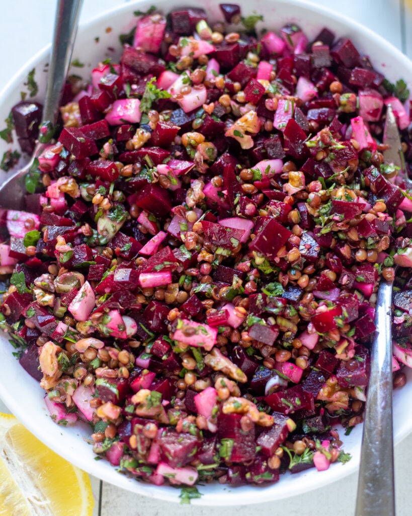 close up of beet and lentil salad